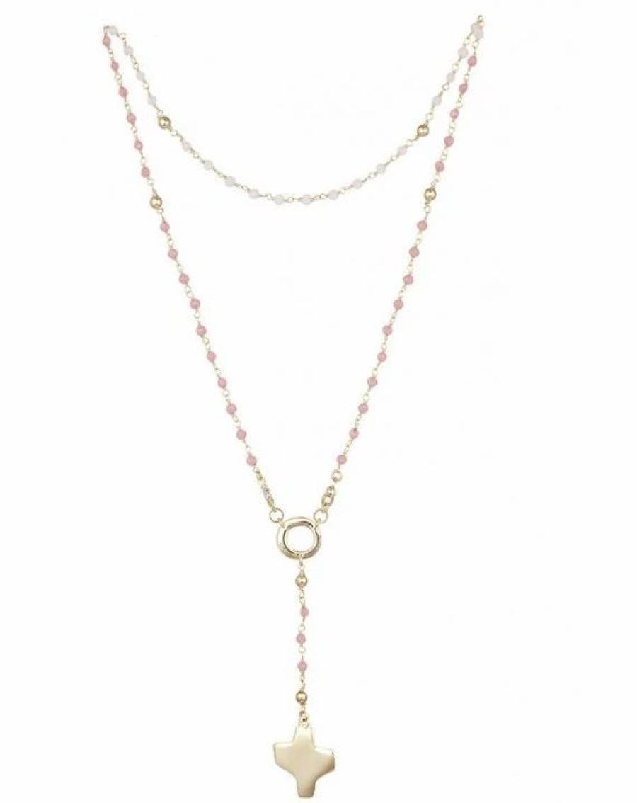 * Crystal Rosary Necklace Pink Metal Gold Best