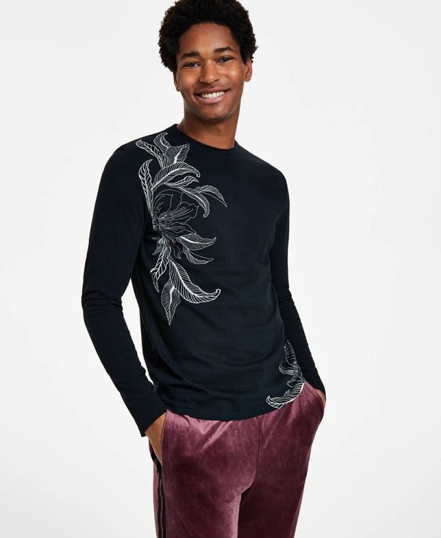 * Inc International Concepts Men'S Jordan Classic-Fit Long-Sleeve Drawn Leaf Print T-Shirt, Created For Macy'S Deep Black Online