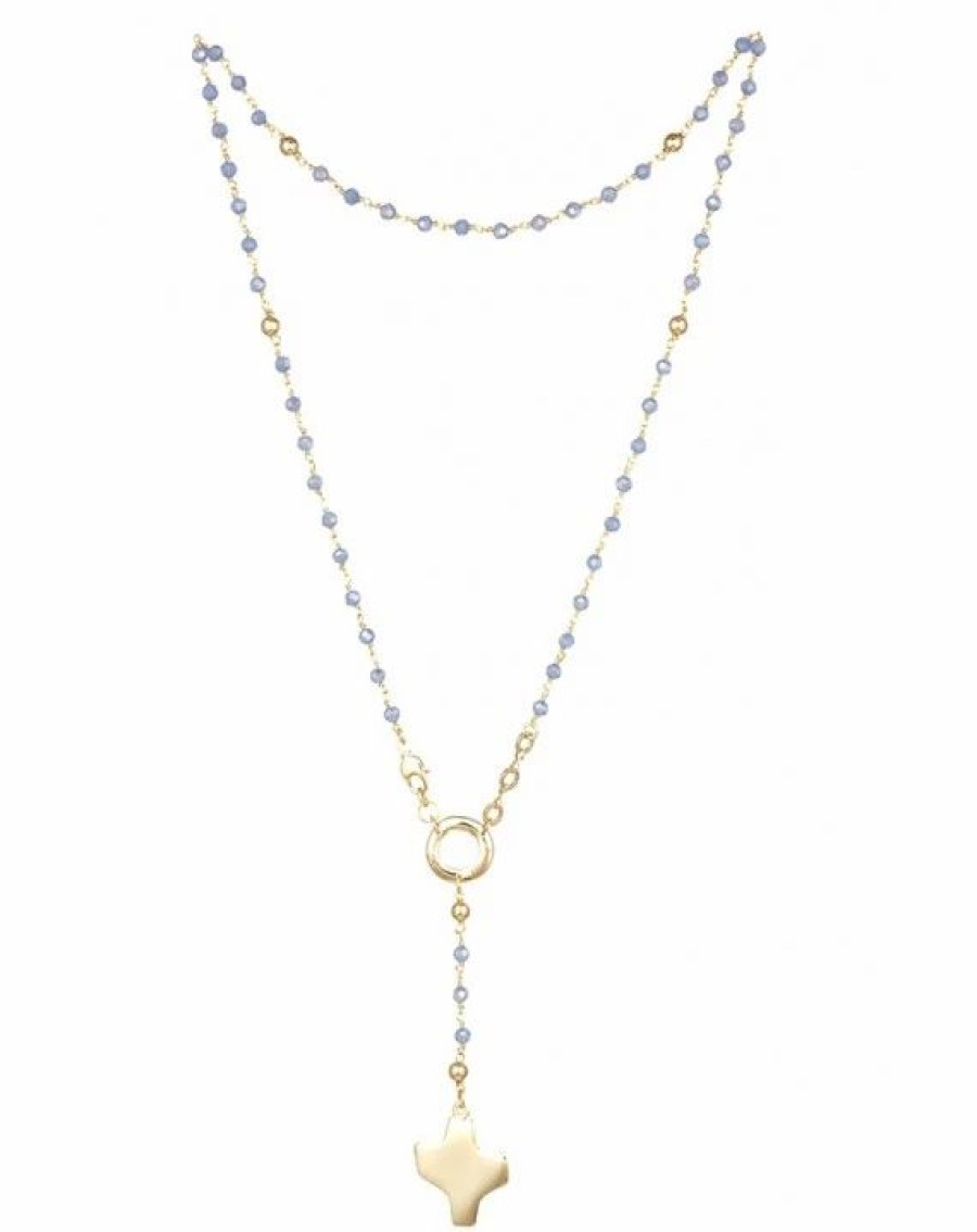 * Crystal Rosary Necklace Light Blue Metal Gold Clearance