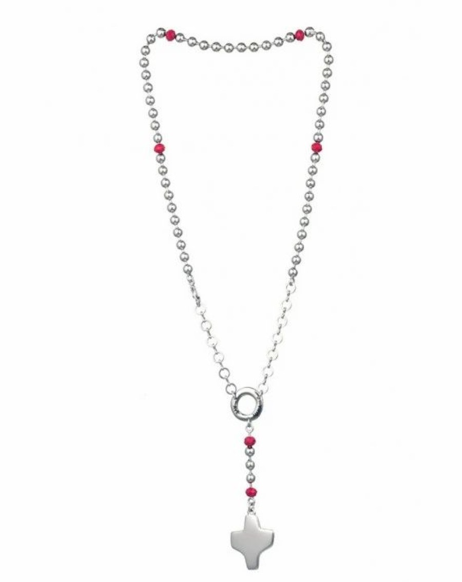 * Silver Metal Rosary Necklace Red Paters Clearance