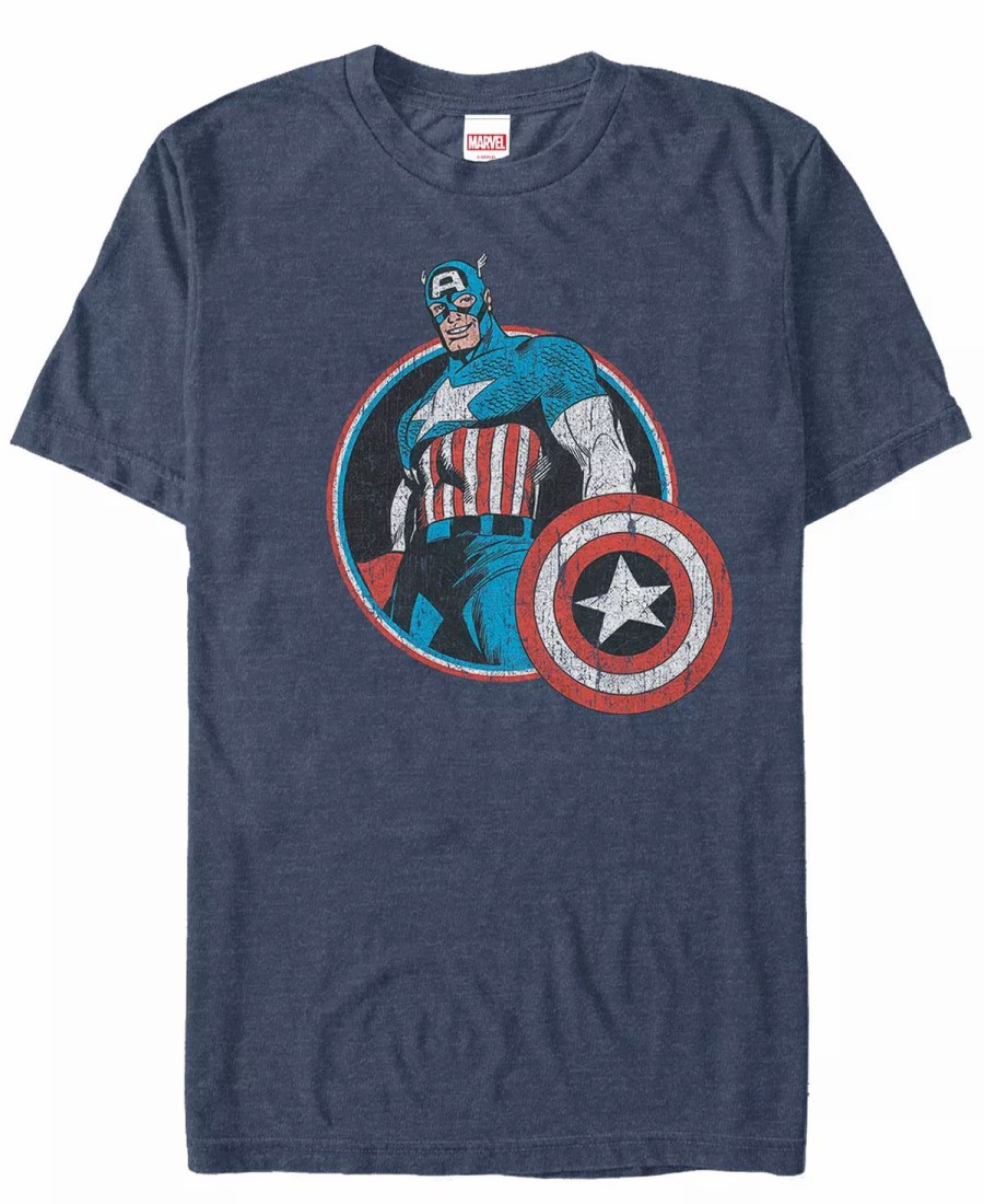 * Fifth Sun Marvel Men'S Comic Collection Retro Captain America Smiling Short Sleeve T-Shirt Navy Heath Best