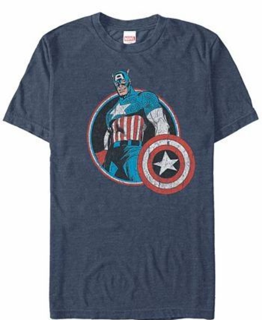 * Fifth Sun Marvel Men'S Comic Collection Retro Captain America Smiling Short Sleeve T-Shirt Navy Heath Best